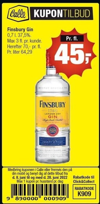 Calle Finsbury Gin tilbud