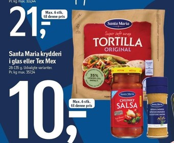 Føtex Santa Maria krydderi i glas el. Tex Mex tilbud