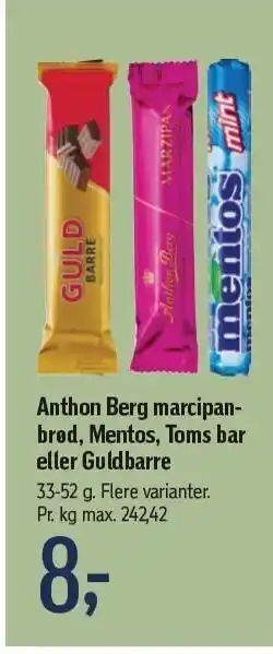 Føtex Anthon Berg marcipanbrød, Mentos, Toms bar el. guldbarre tilbud