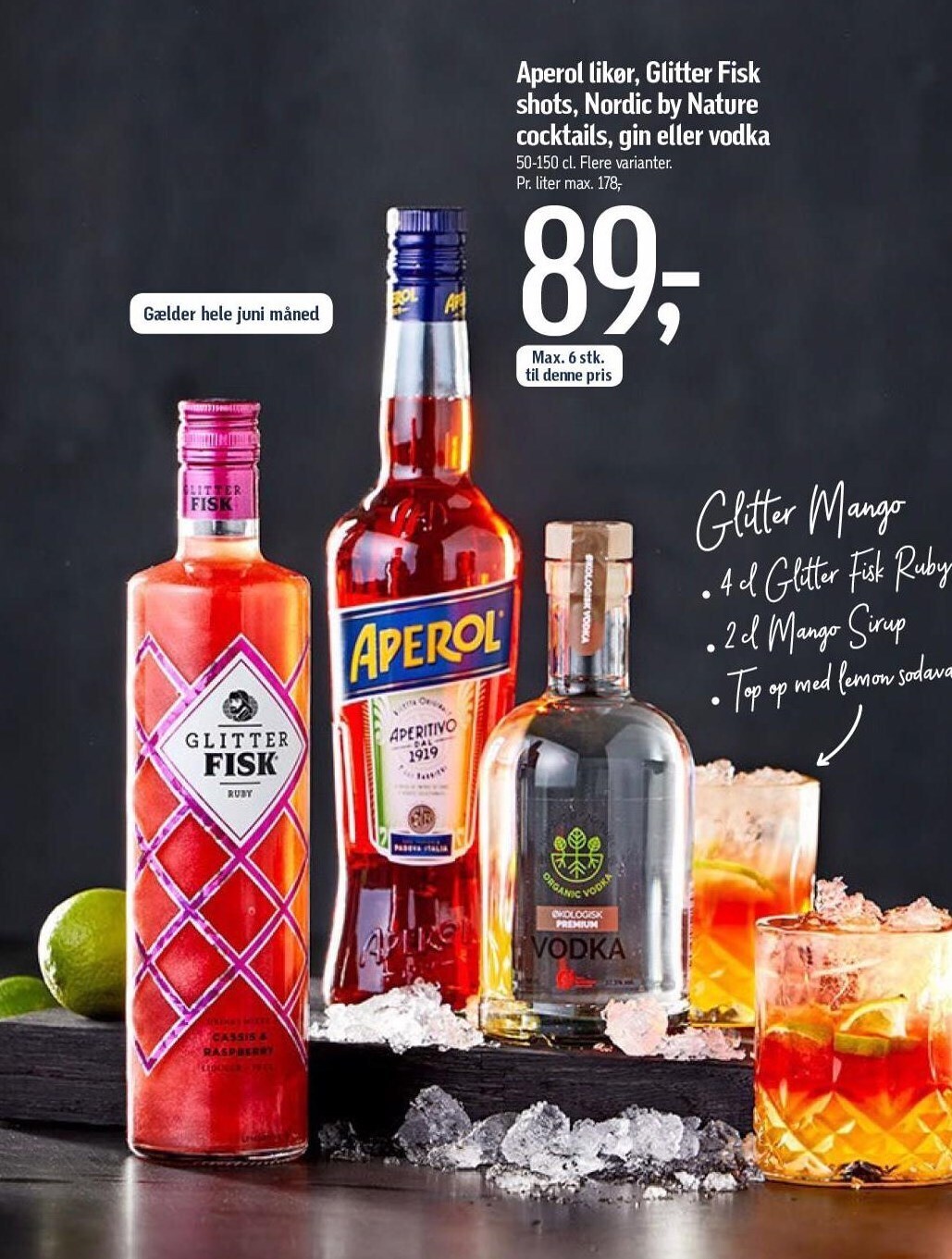 Aperol likør, Glitter Fisk shots, Nordic by Nature cocktails, gin el