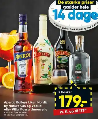 Bilka Aperol, Baileys Likør, Nordic by Nature Gin og Vodka eller Villa Massa Limoncello tilbud