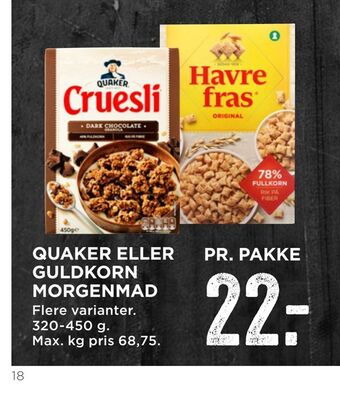 MENY Quaker eller guldkorn morgenmad tilbud