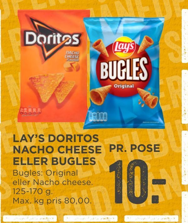 Lay's doritos nacho cheese eller bugles tilbud hos MENY