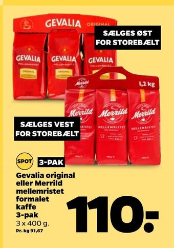 Netto Gevalia original eller Merrild mellemristet formalet kaffe 3-pak tilbud