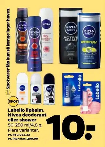 Netto Labello Nivea deodorant eller shower lipbalm tilbud