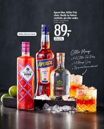 Føtex Aperol likør, Glitter Fisk shots, Nordic by Nature cocktails, gin eller vodka tilbud