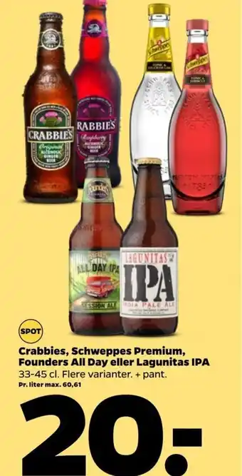 Crabbies, Schweppes PPremium, Founders All Day eller Lagunitas IPA