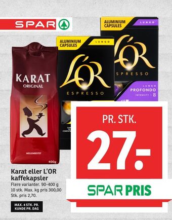 SPAR Karat eller L'OR kaffekapsler tilbud