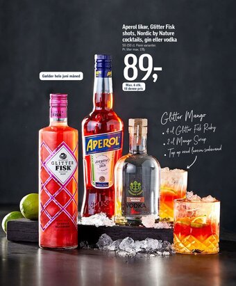 Føtex Aperol likør, Glitter Fisk shots, Nordic by Nature cocktails, gin eller vodka tilbud