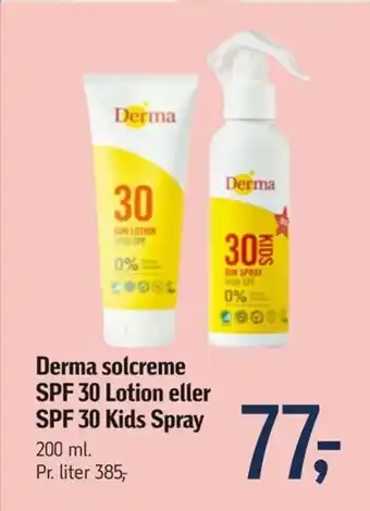 Føtex Derma solcreme SPF 30 Lotion eller SPF 30 Kids Spray tilbud