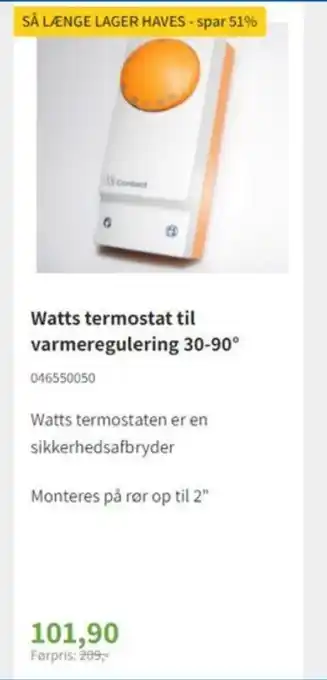 Watts termostat til varmeregulering 30-90°