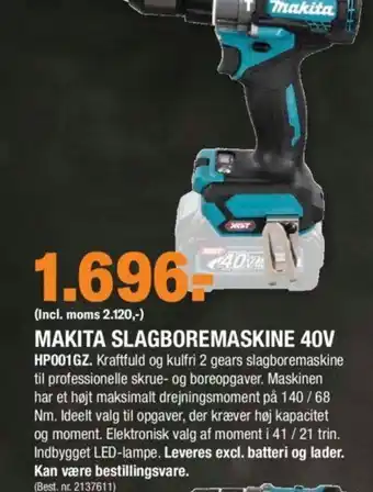 Stark Makita Slagboremaskine 40V HP001GZ tilbud