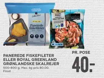 MENY Panerede fiskefileter el. royal Greenland grønlandske skalrejer tilbud