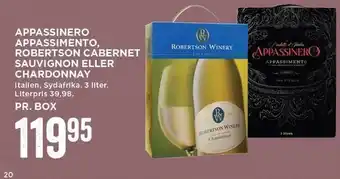 Appassinero Appassimento, Robertson Cabernet Sauvignon el. Chardonnay