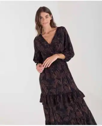 NAF NAF Vestido largo negro manga 3/4 con estampados botánicos y nido de abeja oferta