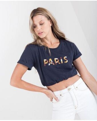 NAF NAF Camiseta para mujer negra manga corta con apliques de mostacillas oferta