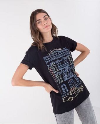 NAF NAF Camiseta para mujer negra manga corta con gráfico multicolor localizado oferta