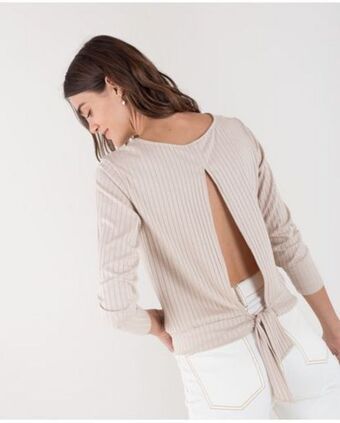 NAF NAF Camiseta para mujer beige manga larga con diseño de canalé oferta