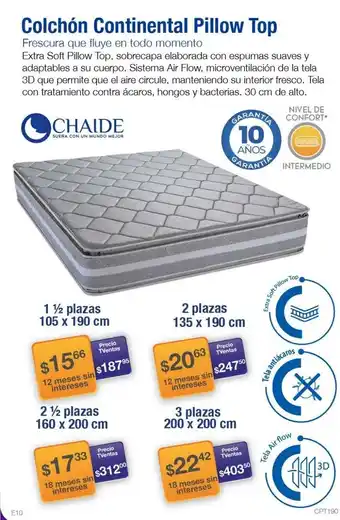 TVentas CHAIDE Colchon Continental Pillow Top 1 1/2 plazas 105 x 190 cm oferta