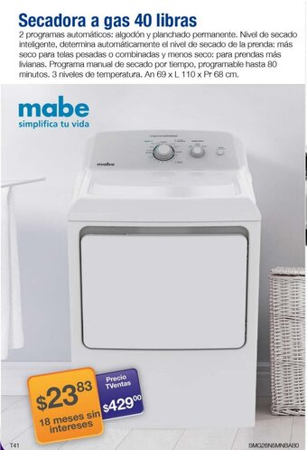 TVentas Mabe Secadora a gas 40 libras oferta