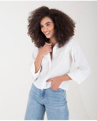 NAF NAF Camisa para mujer cruda manga larga con textura de plumeti y cintas de encaje oferta