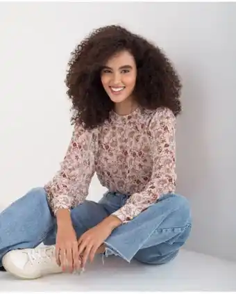 NAF NAF Camisa para mujer beige manga larga de gasa con estampado floral allover oferta