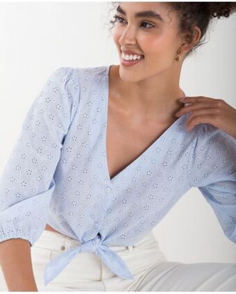 NAF NAF Camisa para mujer azul manga 3/4 cropped con bordados perforados oferta