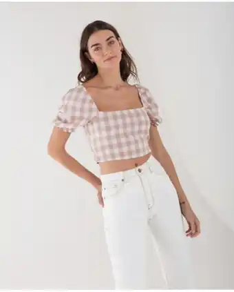 NAF NAF Camisa para mujer cruda manga corta crop con cuadros vichy y nido de abeja oferta