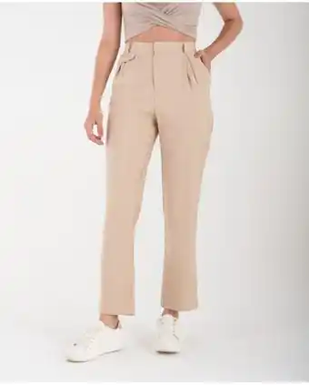 NAF NAF Pantalón para mujer beige straight tiro súper alto con detalle de pinzas y bolsillo de solapa oferta