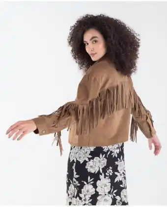 Chaqueta para mujer café sintética estilo western con flecos
