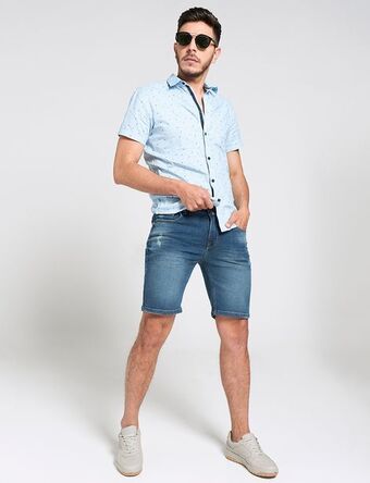 Moda RM Bermuda jean azul medio con desgaste de color oferta