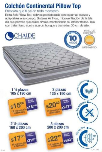 TVentas Chaide Colchón Continentel Pillow Top 1 ½ plazas 105 x 190cm oferta