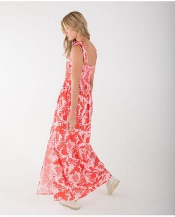 NAF NAF Vestido largo para mujer naranja de tiras con nido de abeja y estampado tropical oferta