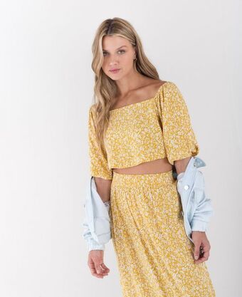 NAF NAF Camisa para mujer amarilla manga corta crop con estampado floral oferta