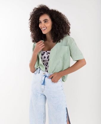 NAF NAF Camisa para mujer verde manga corta estilo resort en mezcla de lino oferta