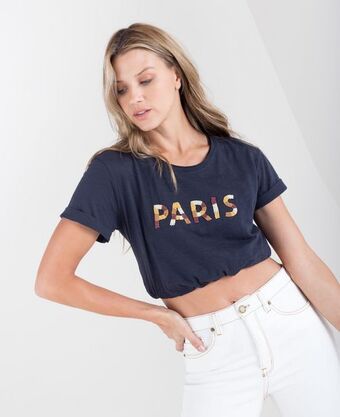 NAF NAF Camiseta para mujer negra manga corta con apliques de mostacillas oferta