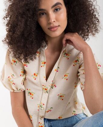 NAF NAF Camisa para mujer cruda manga corta con estampado de flores y mangas globo oferta