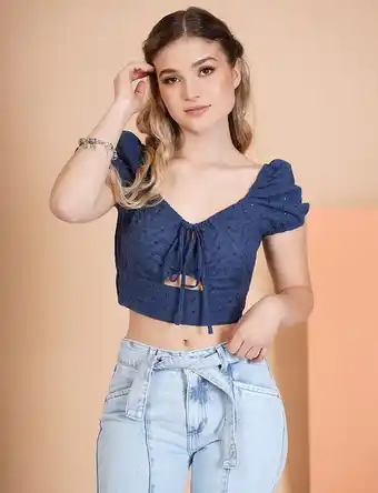 Moda RM Blusa crop campesina azul marino oferta