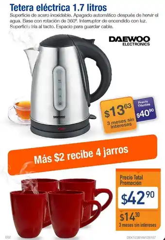 TVentas Daewoo Tetera Eléctrica 1,7lt + Recibe 4 Jarros oferta