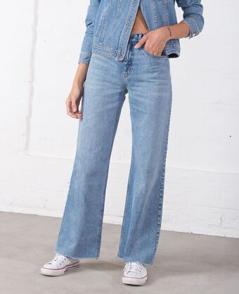 NAF NAF Jean para mujer tono claro wide leg long tiro súper alto con ruedo al corte oferta