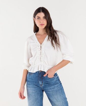 NAF NAF Camisa crudo marfil claro con encaje decorativo en el cuello oferta