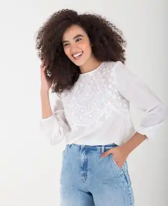 NAF NAF Camisa para mujer cruda manga 3/4 con detalles bordados y encaje combinado oferta