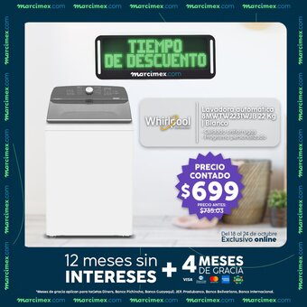 Marcimex Whirlpool Lavadora Automatica 8MWTW2231WJB 22 kg Blanco oferta