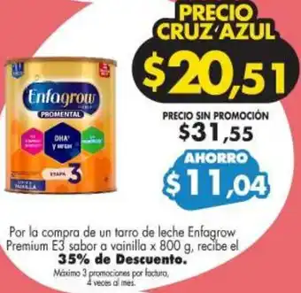 Farmacias Cruz Azul Leche Enfagrow Premium E3 Sabor a Vainilla 800g oferta