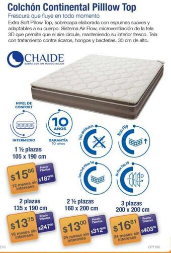 TVentas Colchón Continental Pillow Top 1 1/2 Plazas 105 x 190cm oferta