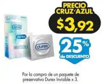 Farmacias Cruz Azul Paquete de Preservativo Durex Invisible x 3 oferta
