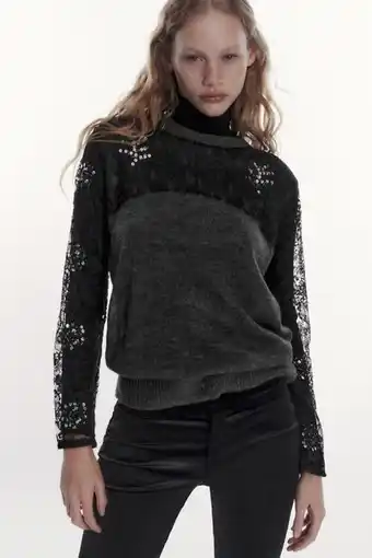ZARA Jersey punto encaje y lentejuelas oferta