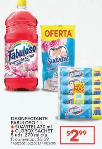 Tia Desinfectante fabuloso 1l + suavitel 430ml + clorox 5un 270ml oferta