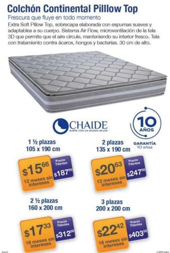 TVentas Colchón Continental Pillow Top 1 1/2 Plazas 105 x 190cm oferta