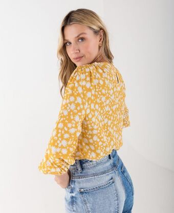NAF NAF Camisa para mujer amarilla manga 3/4 con estampado de flores y nido de abeja oferta